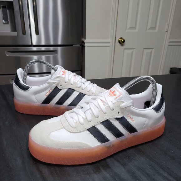 Adidas Samba Sambae Women's Cloud White/Core Black/Semi Coral Gum Sole Sneakers - Picture 5 of 16